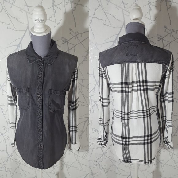 Rails Black Chambray Tencel Button Front Harper Shirt w/ Plaid Back - Picture 1 of 3